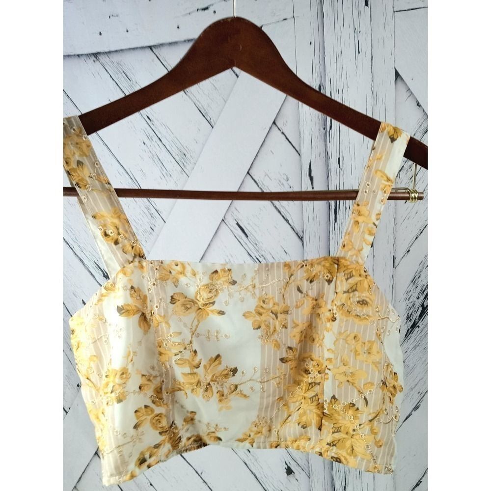 12th Tribe Gold Crop Tank Top Embriodered Gold Flowers Size Large